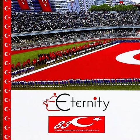 Stadium ceremony with Turkish flags and the Eternity logo
