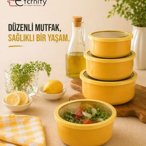Stacked yellow enamel storage containers with a glass-lidded salad bowl